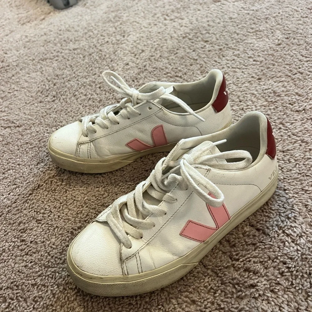 Veja White Sneakers with Pink V and Burgundy Heel Tab - Picture 4 of 7